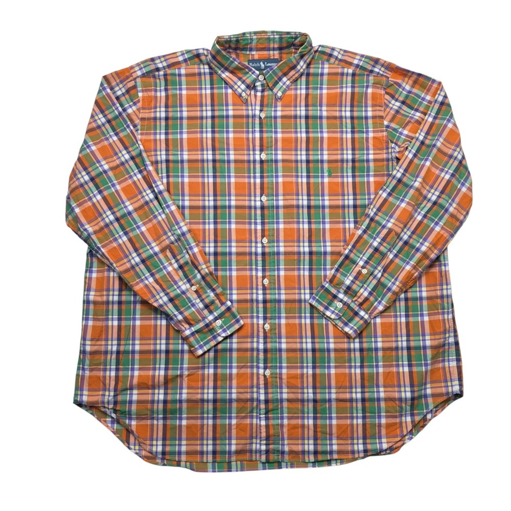 Polo Ralph Lauren Mens 2XB Plaid Button Down Shirt Classic Fit Orange Green